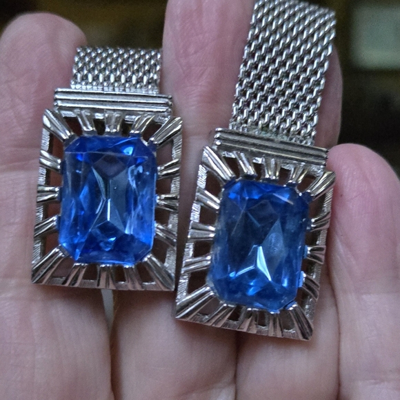 Swank blue topaz silver mesh vintage cufflinks - Picture 3 of 9